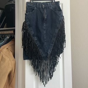 Vintage Rare Western 80s 90s Marcel Dachet Jean Skirt with Leather Fringe